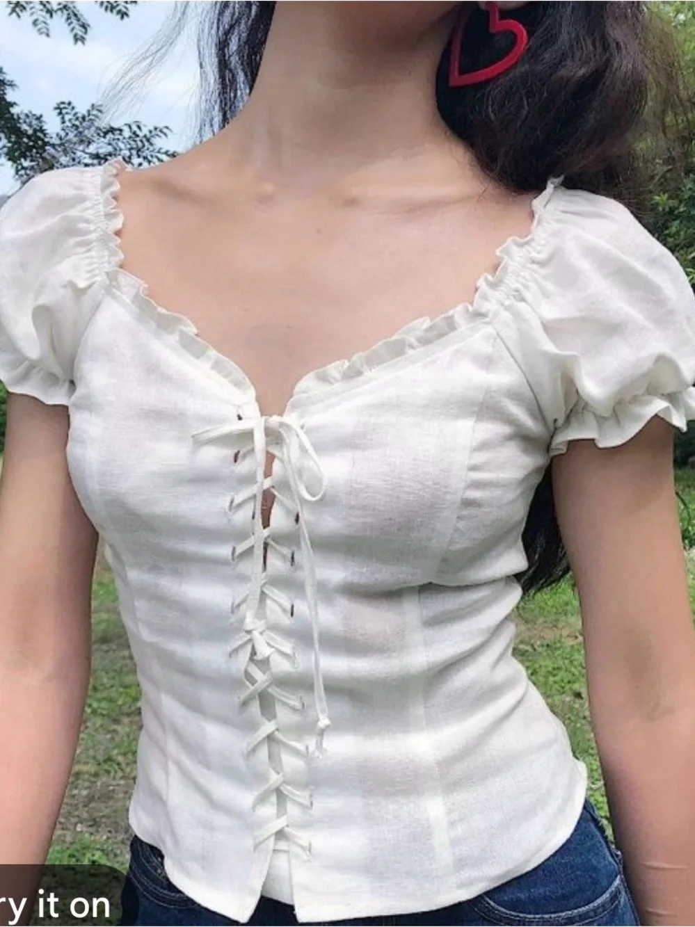 Reformation Cream Lace-Up Puff Sleeve Blouse